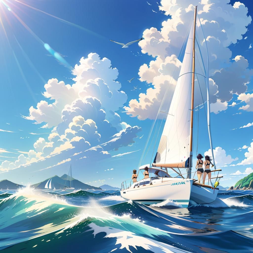 Anime Girls Sailing in Seto Sea: Shinkai Style
