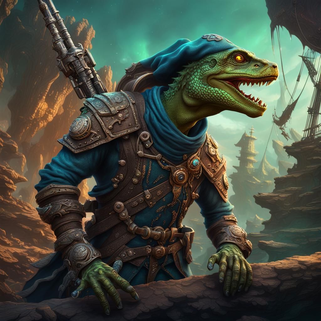 Lizardfolk Space Pirate in Detailed Matte Painting