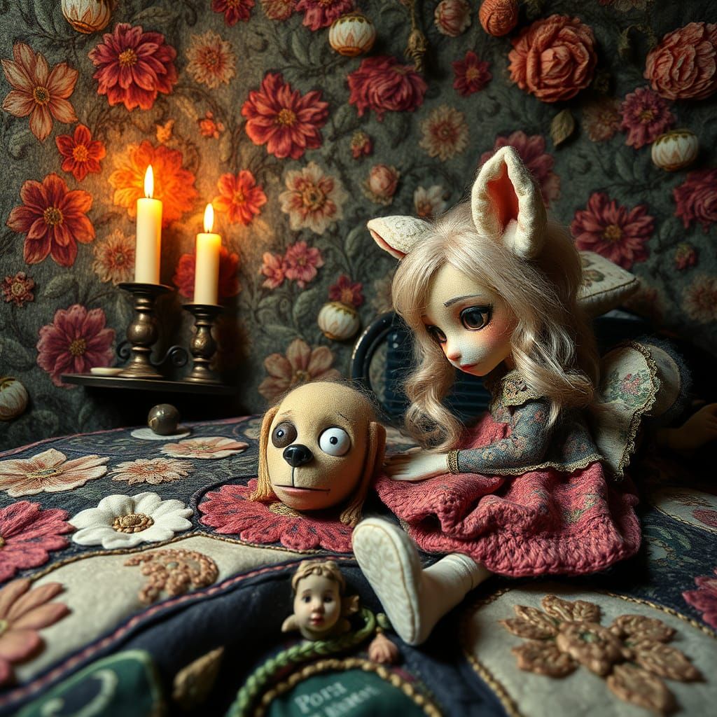 Hyperdetailed Patchwork Doll and Puppy in Steam-Nouveau Styl...