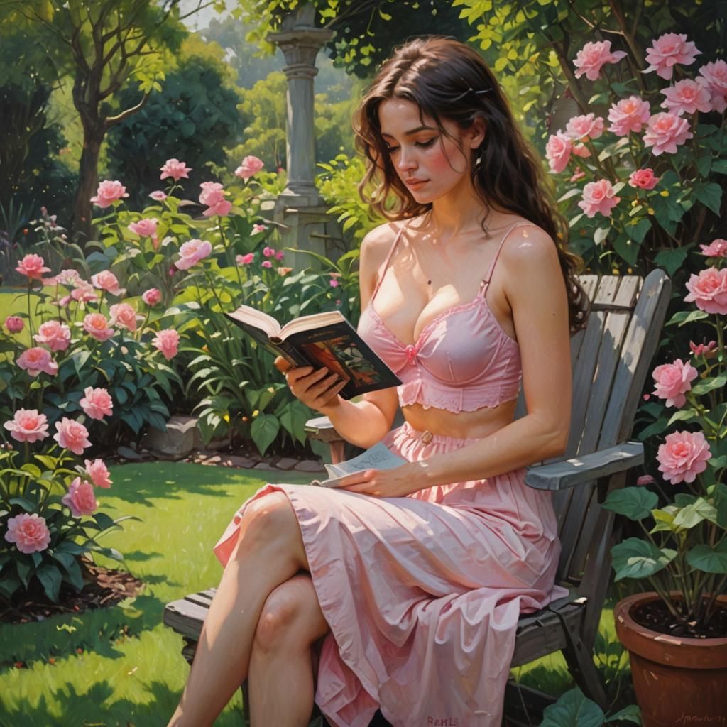 Woman Reading in Garden: Oil Painting
