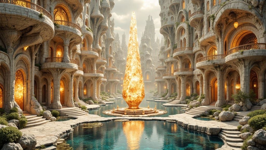 Glowing Crystal Temple City on a Mountain