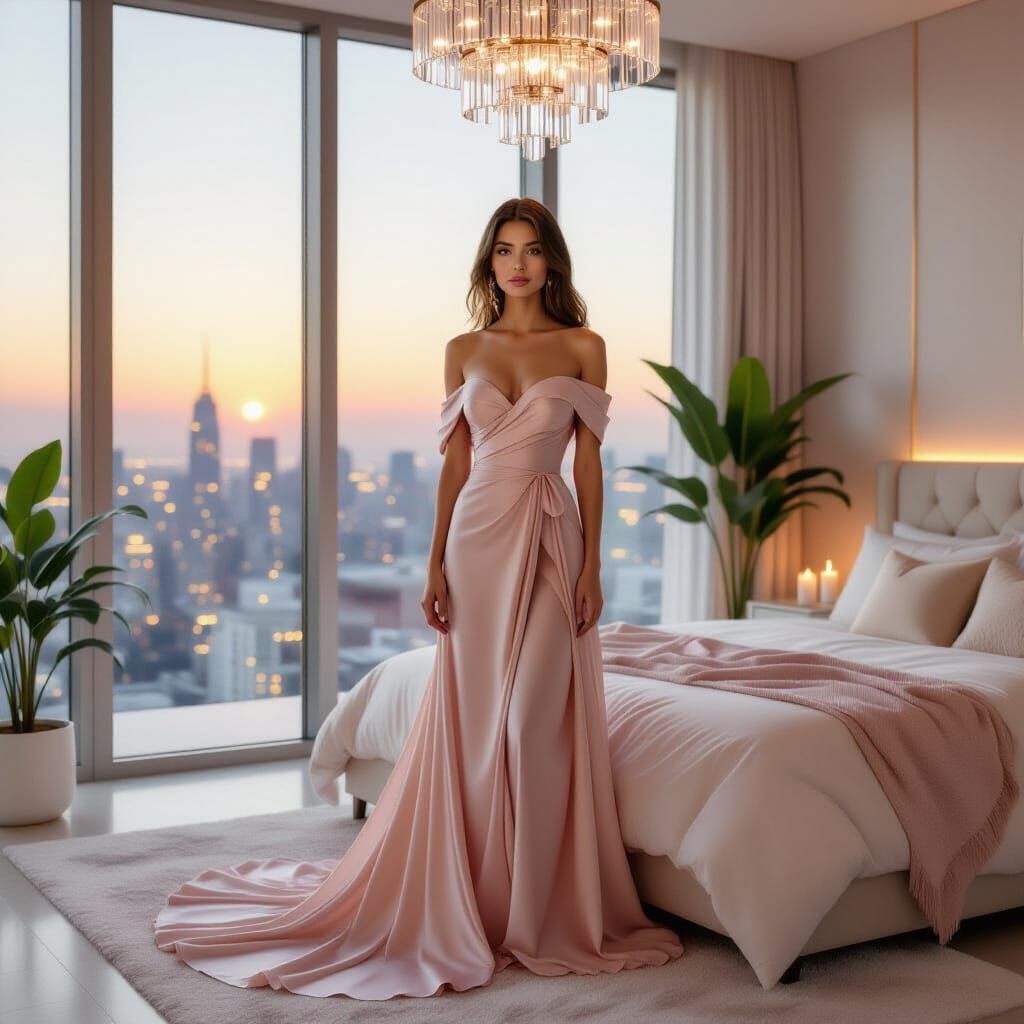 Elegant Woman in Luxury Bedroom, Hyperrealistic Cinematic St...
