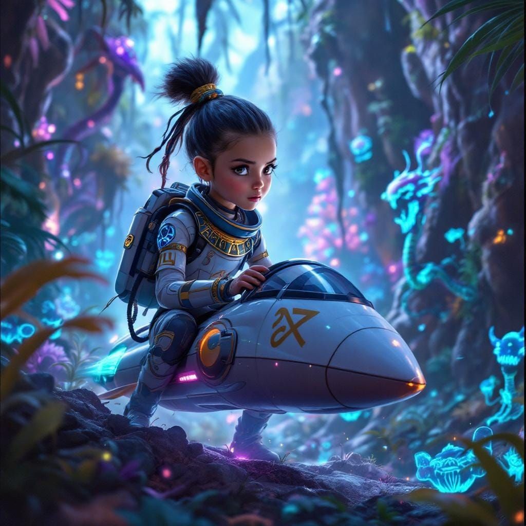 Girl Pilot in Alien Jungle, Digital Art