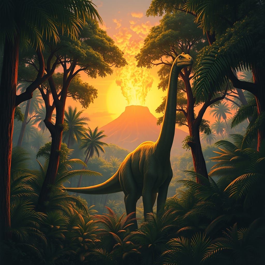 Prehistoric Jungle Sunset with Brachiosaurus, Paleoart Style
