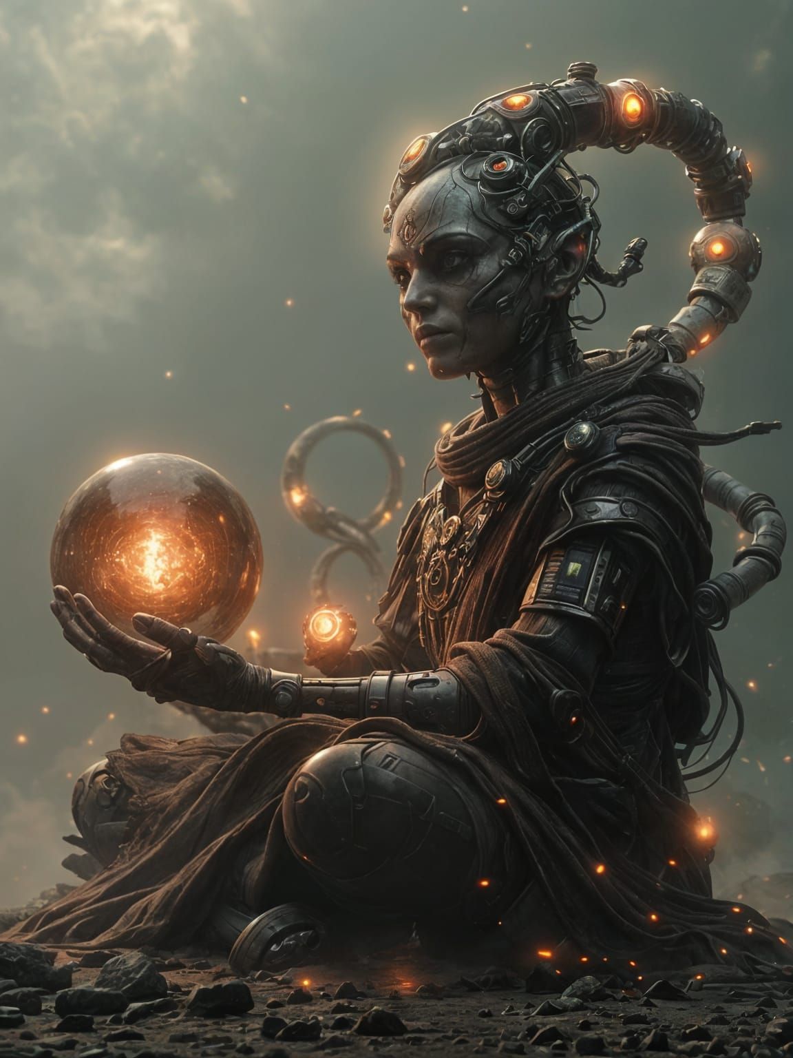 Futuristic Monk Meditating in Acidpunk Cyber Complex