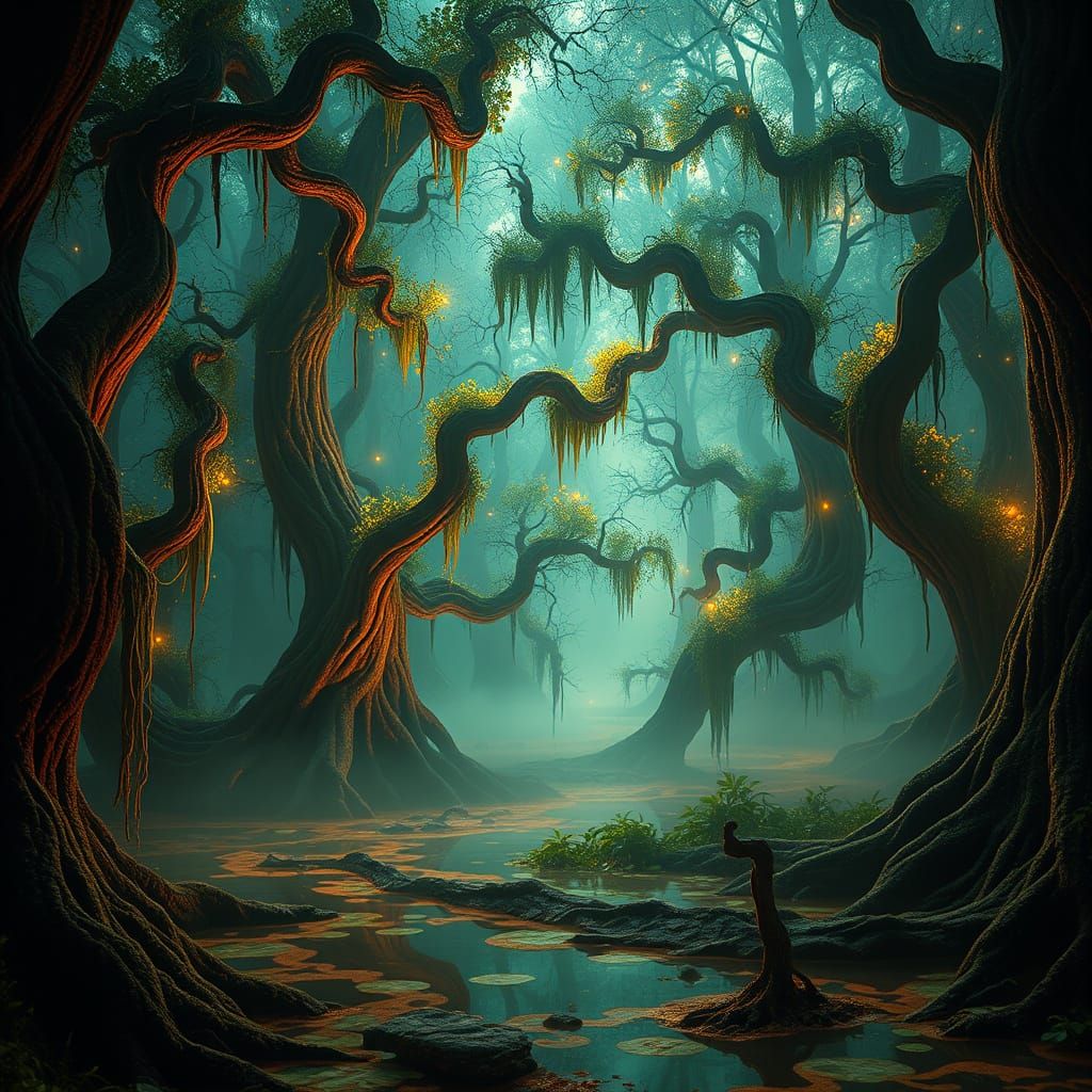 Twisted Cypress Trees in a Glowing, Ethereal Swamp