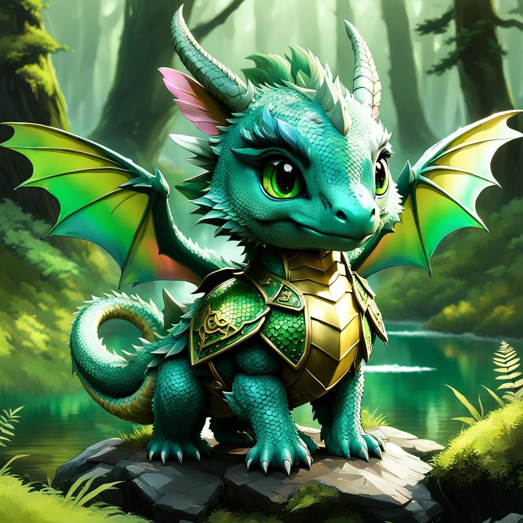 Adorable Chibi Dragon with Shield in Forest