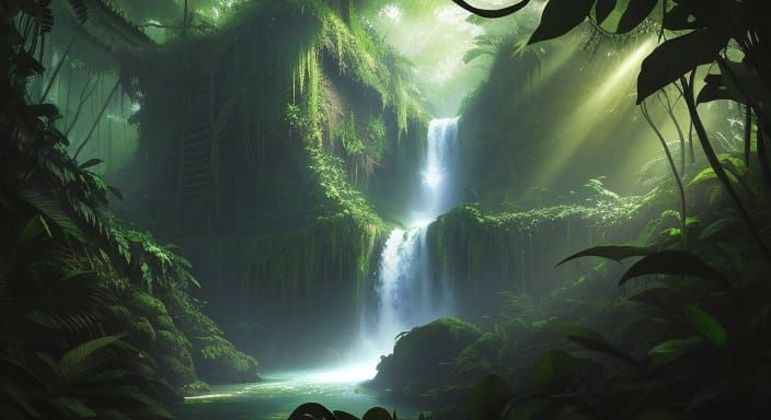 Enchanted Rainforest Canopy with Hidden Waterfall
