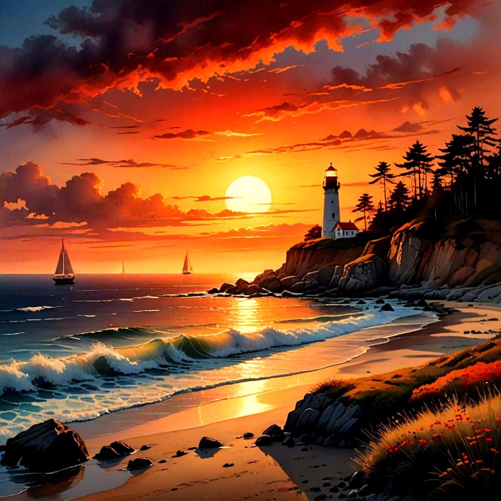 Surreal Sunset Landscape in Vibrant Ink Drawing Style