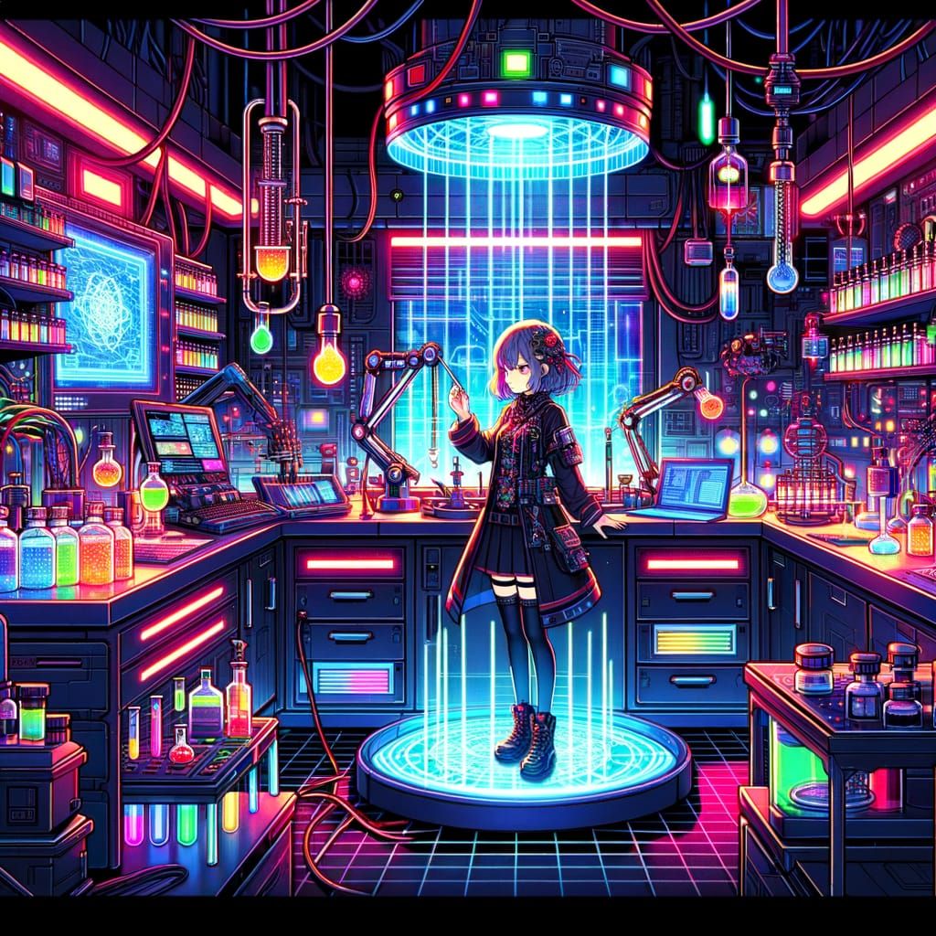 Cyberpunk Anime Girl in Neon Science Lab