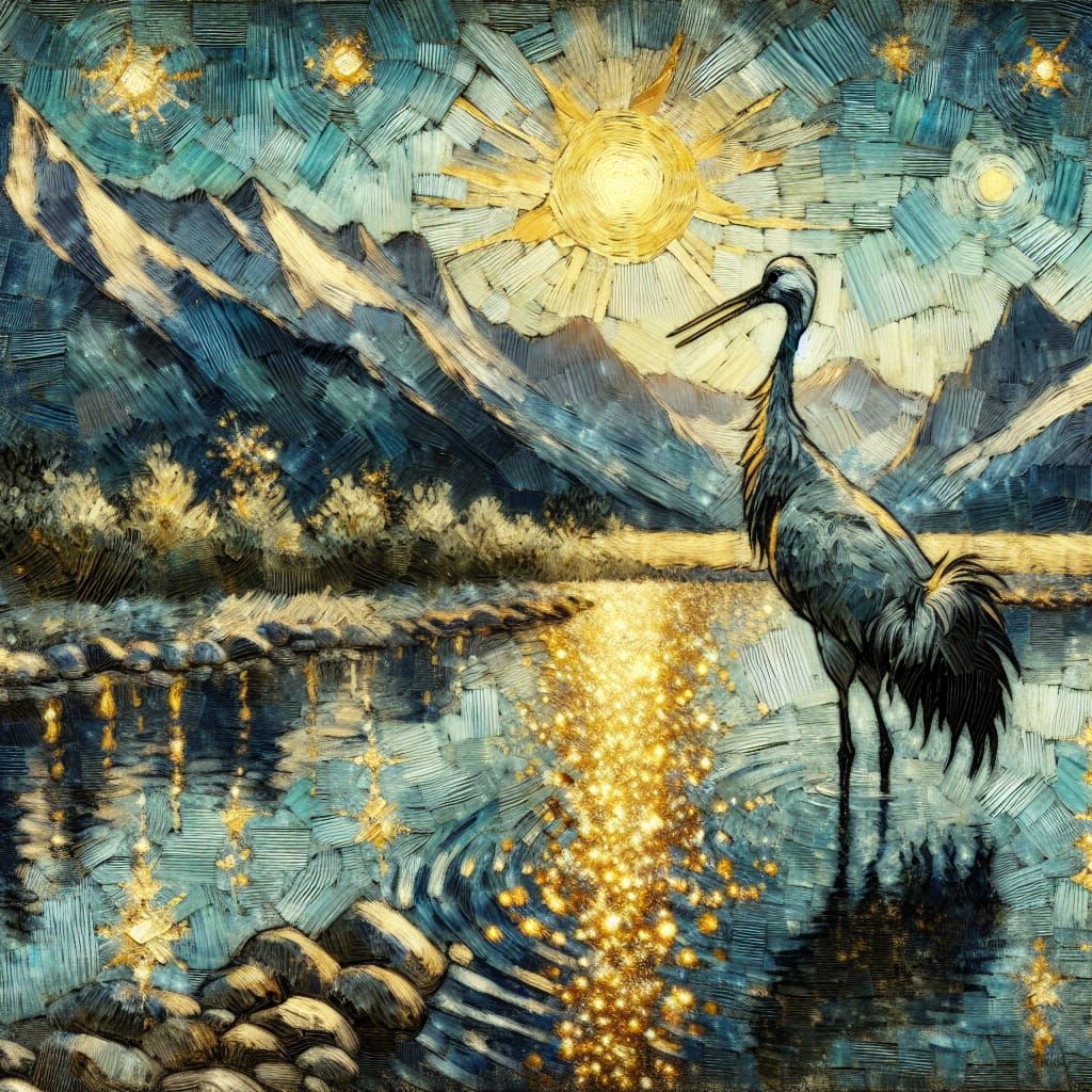Crane in Lake: Van Gogh-Inspired Oil Painting