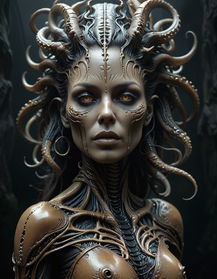 Dark Fantasy Portrait with Tentacled Woman in Eerie Glow