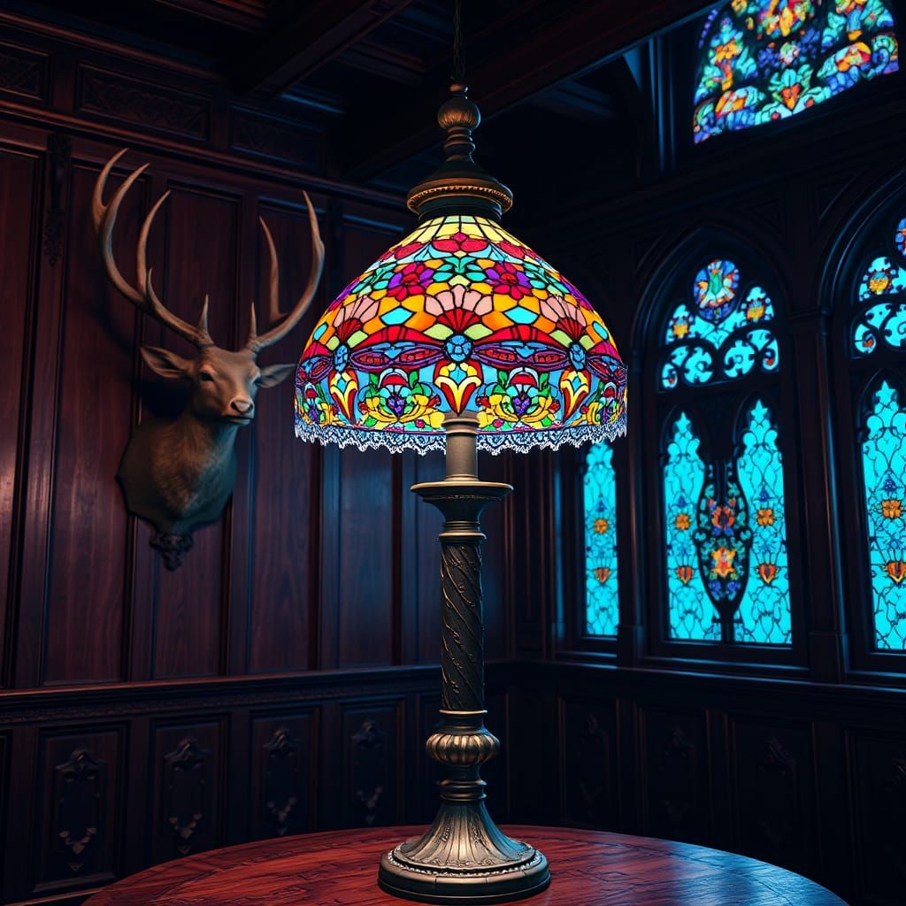 Tiffany Style Stained Glass Lamp in Castle Room
