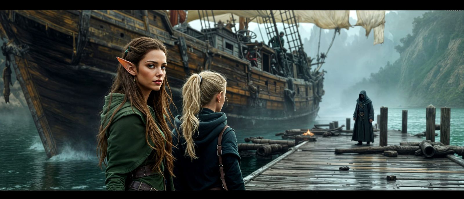 Ethereal Wood Elf and Human Woman on a Weathered Dock