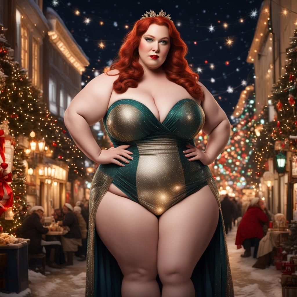 Plus Size Redhead Pinup in Christmas Lights