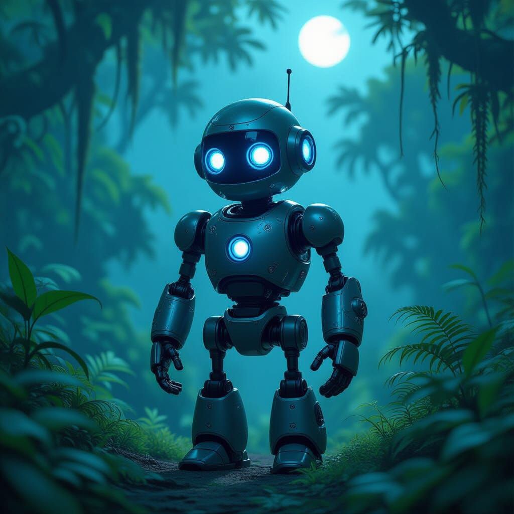 Benevolent Robot Exploring Alien Jungle at Twilight