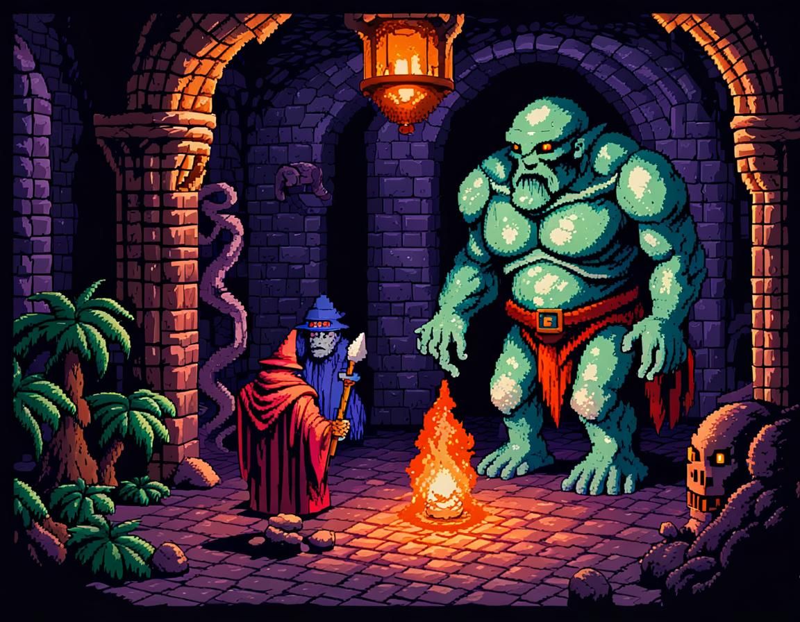 Wizard and Golem in Pixel Art Dungeon