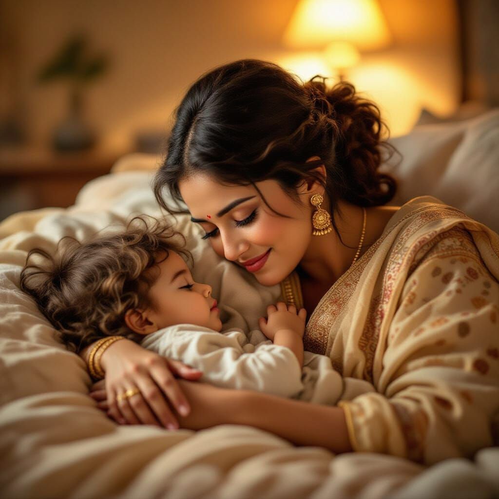 Mother Sings Lullaby to Child in Atmospheric Indian Setting