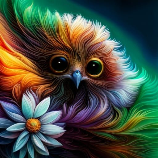 Cute Blue Bird with Fractal Flowers in Pixel Art