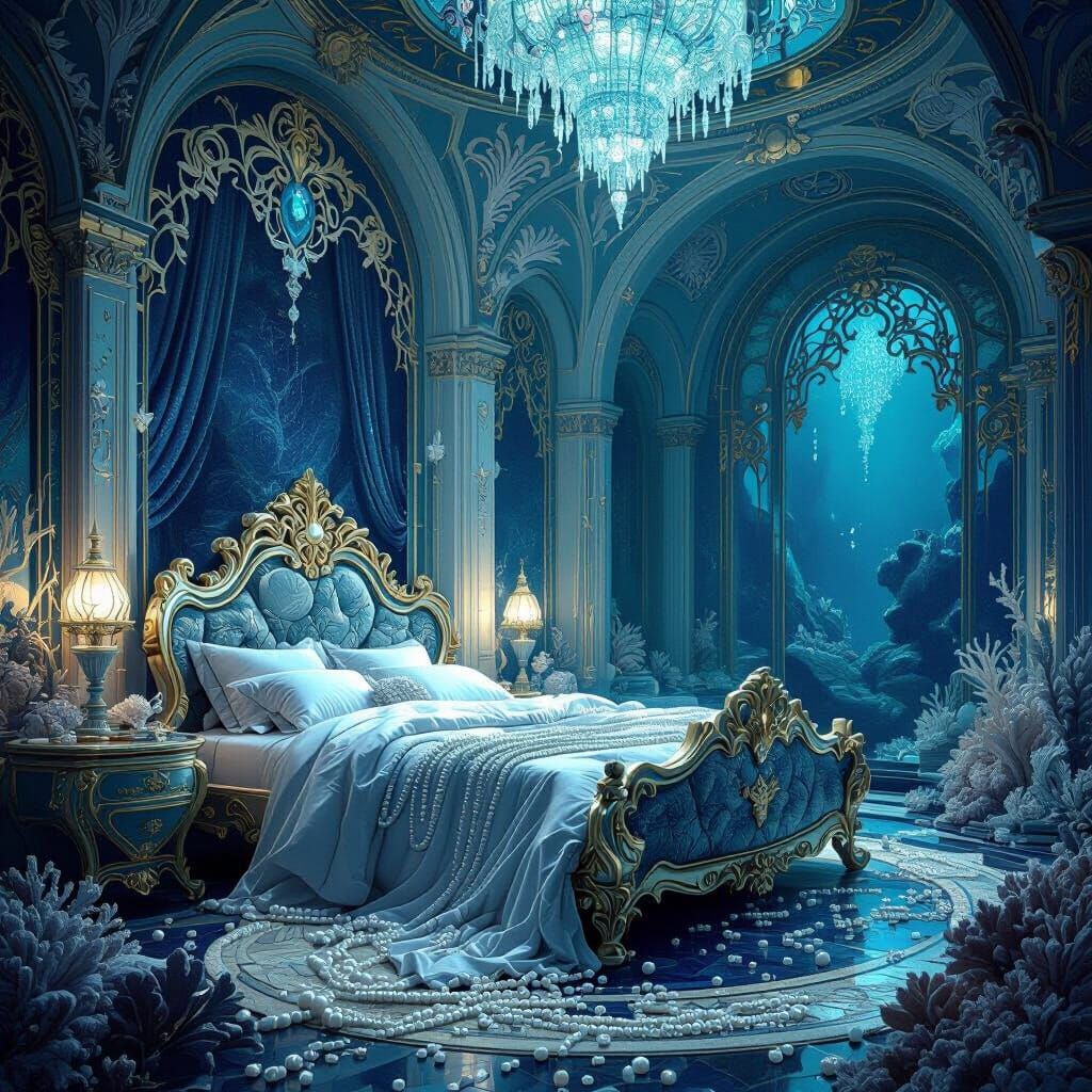 Elegant Deep-Sea Hall with Ornate Bed and Coral Accents