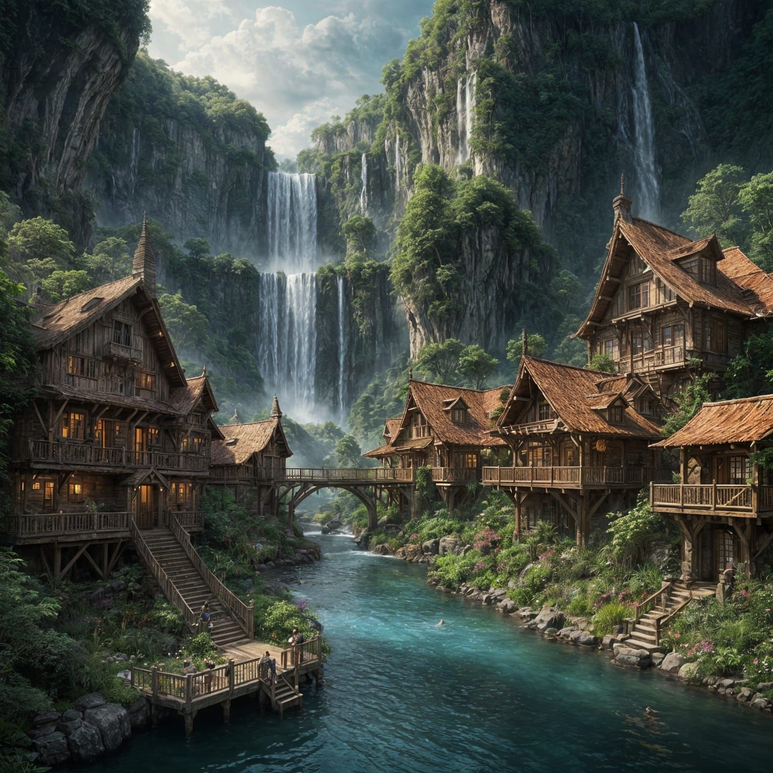 Solarpunk Village Amidst Majestic Waterfall
