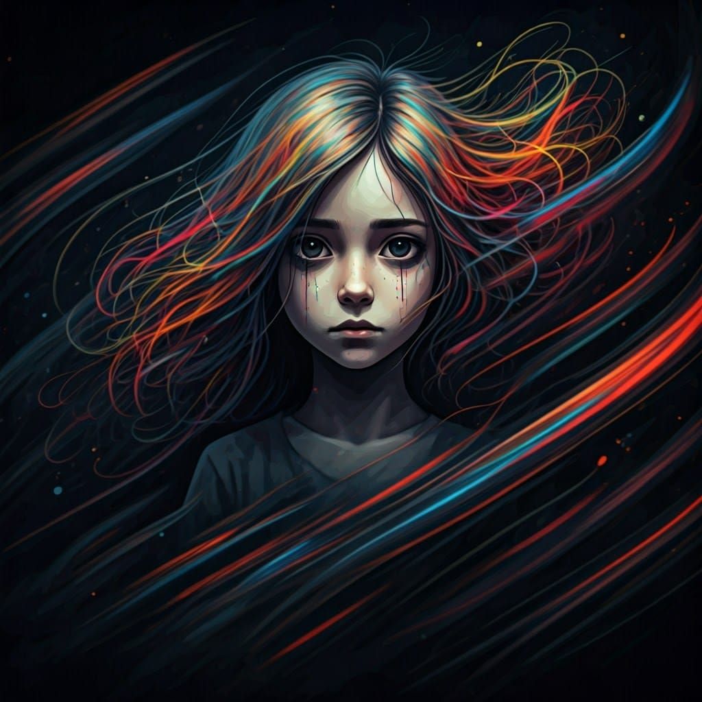 Young Girl Surrounded by Turbulent Emotions in a Kaleidoscop...