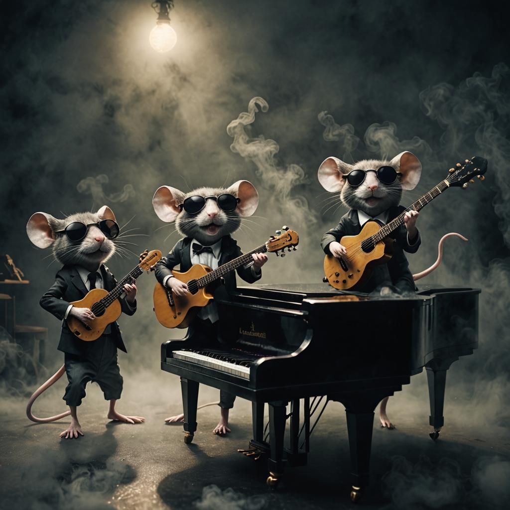 Three blind mice with black sunglasses playing musical instr...