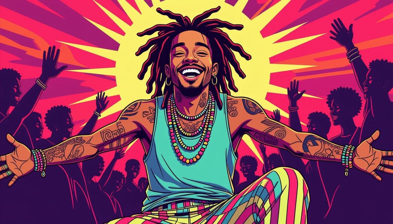 Joyful Young Man with Dreadlocks in Comic Book Art
