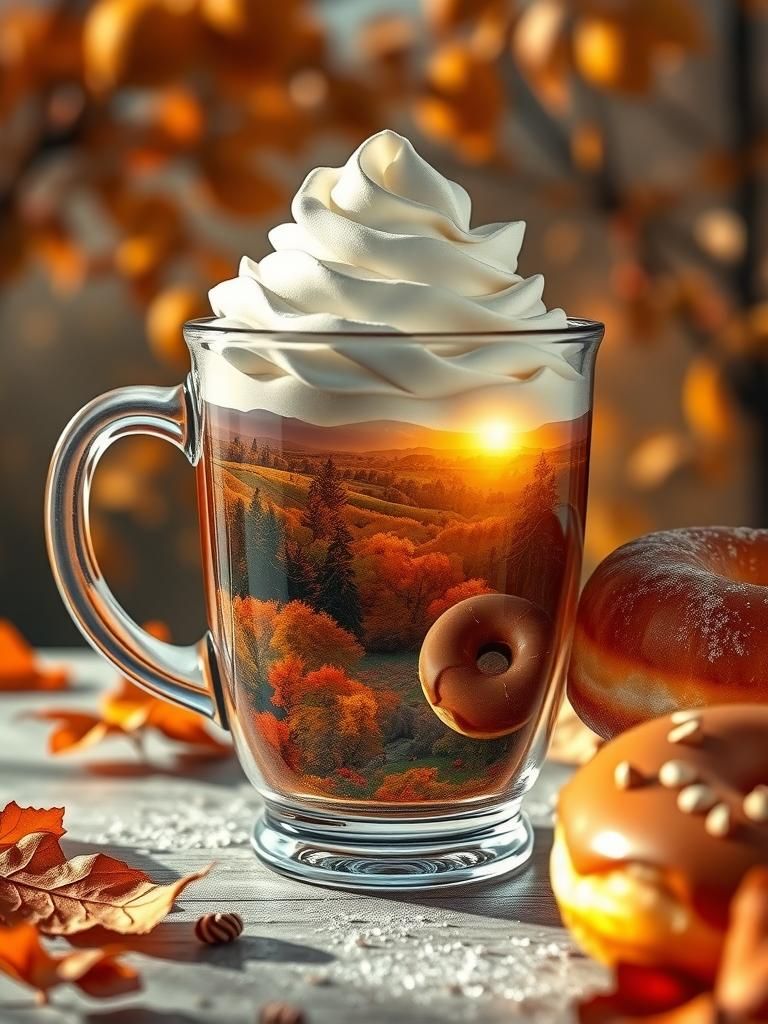 Autumn Landscape Inside Coffee Mug with Donuts
