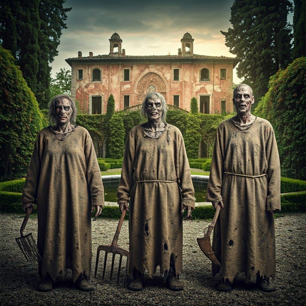 Four Tattered Zombies Stand Guard Before a Ruined Italian Vi...