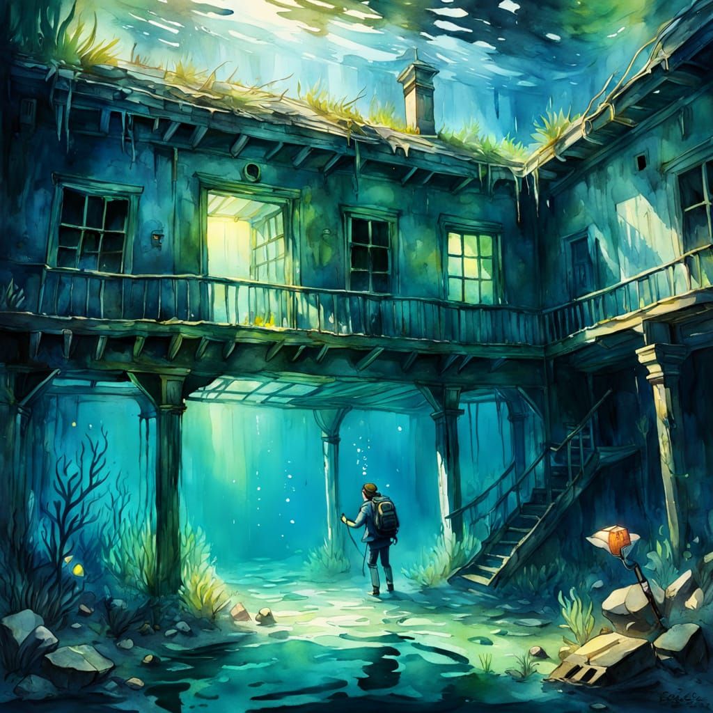 Eerie Underwater House in Watercolor Sketch Style