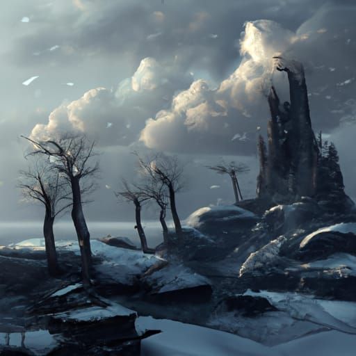 Snowy Ruins Landscape in Dark Fantasy Style