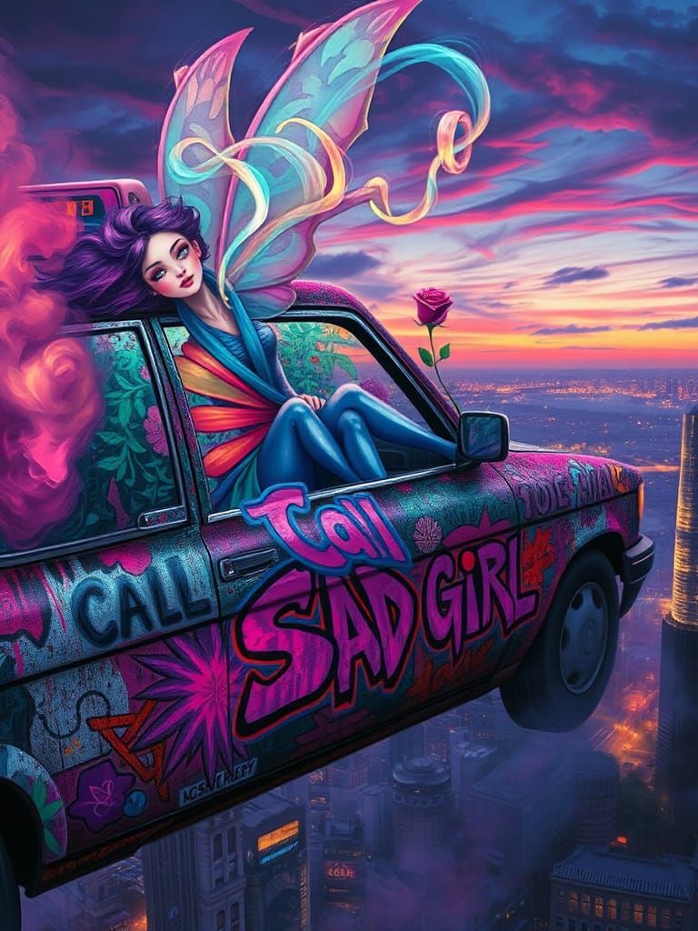 Fairy in Rose Taxi Soaring Over Neon Cityscape