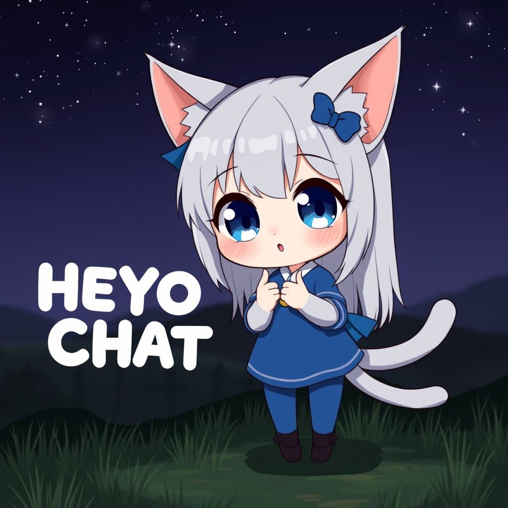 Whimsical Anime Catgirl Waves Under Starry Night Sky