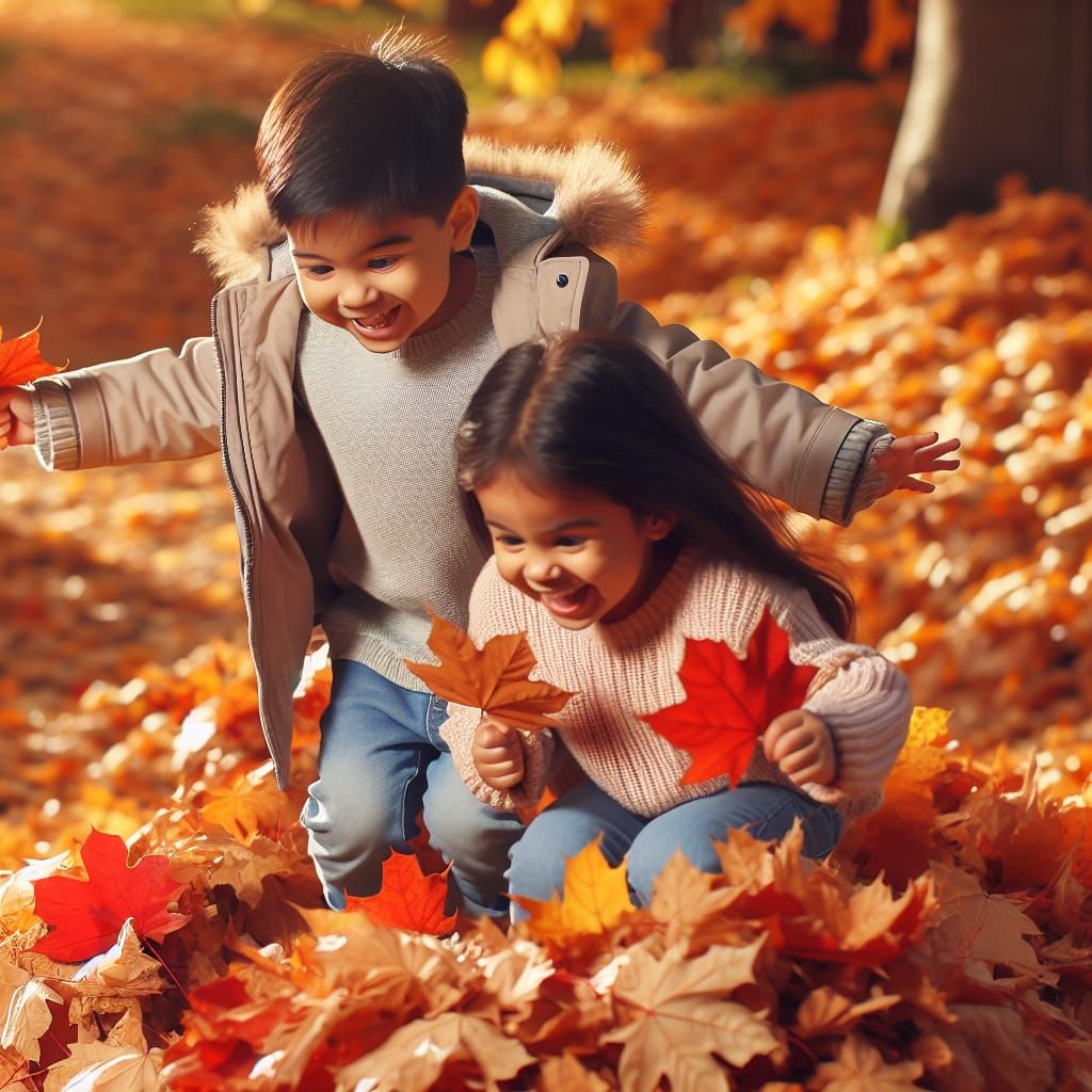 Children's Joyful Leap into Autumn Leaves