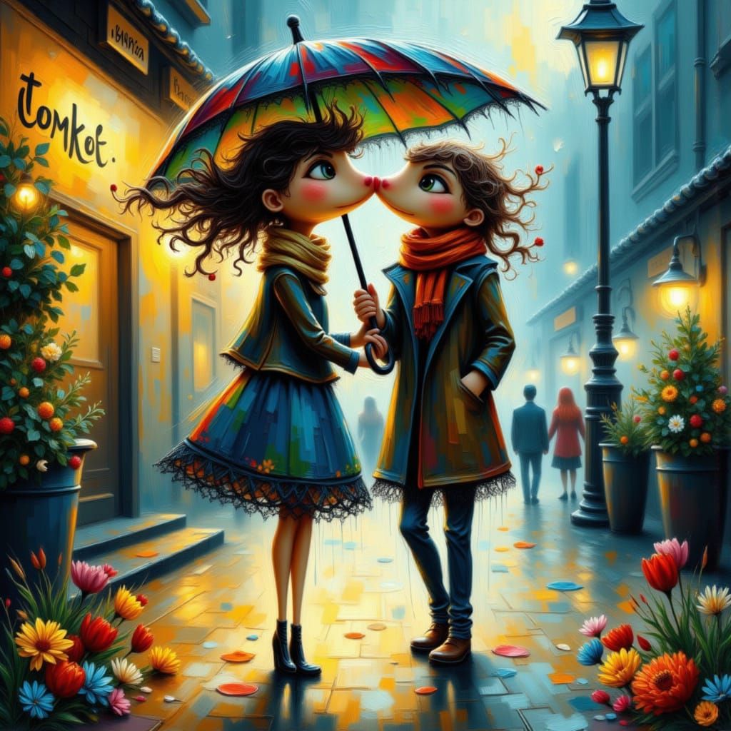 Couple Walking in Rain in Whimsical Folk Art Style