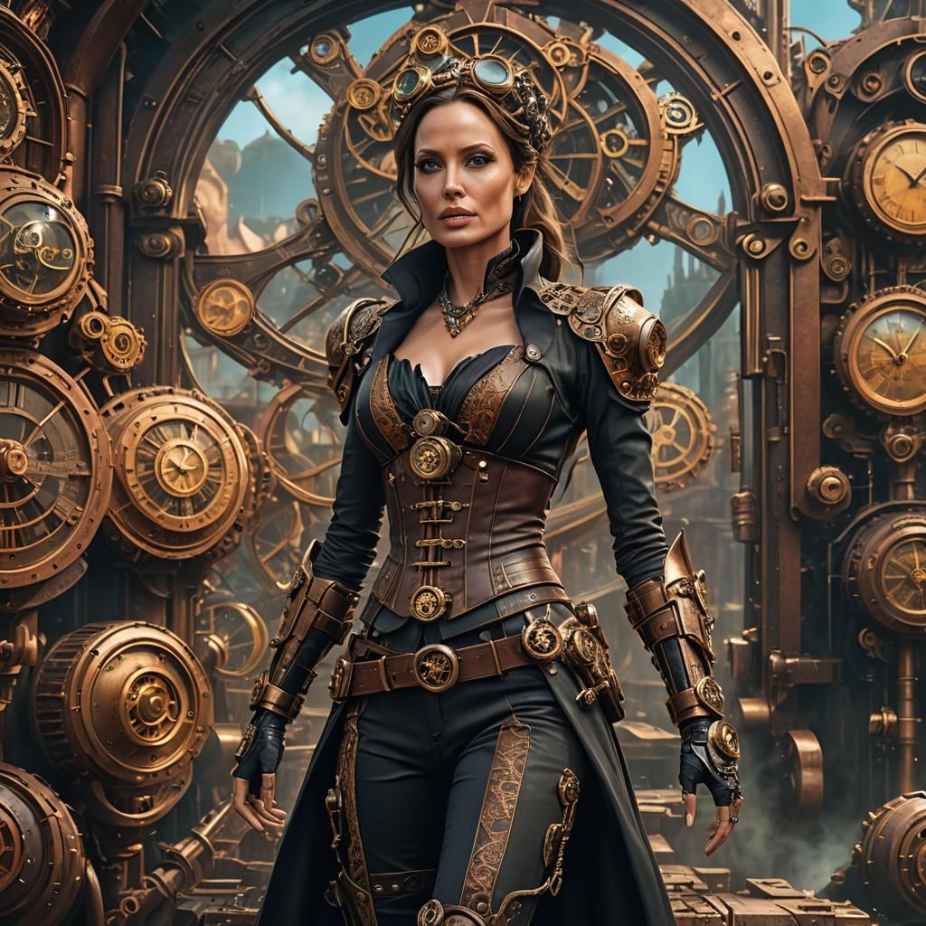 Angelina Jolie in Steampunk Outfit: Detailed Matte Painting