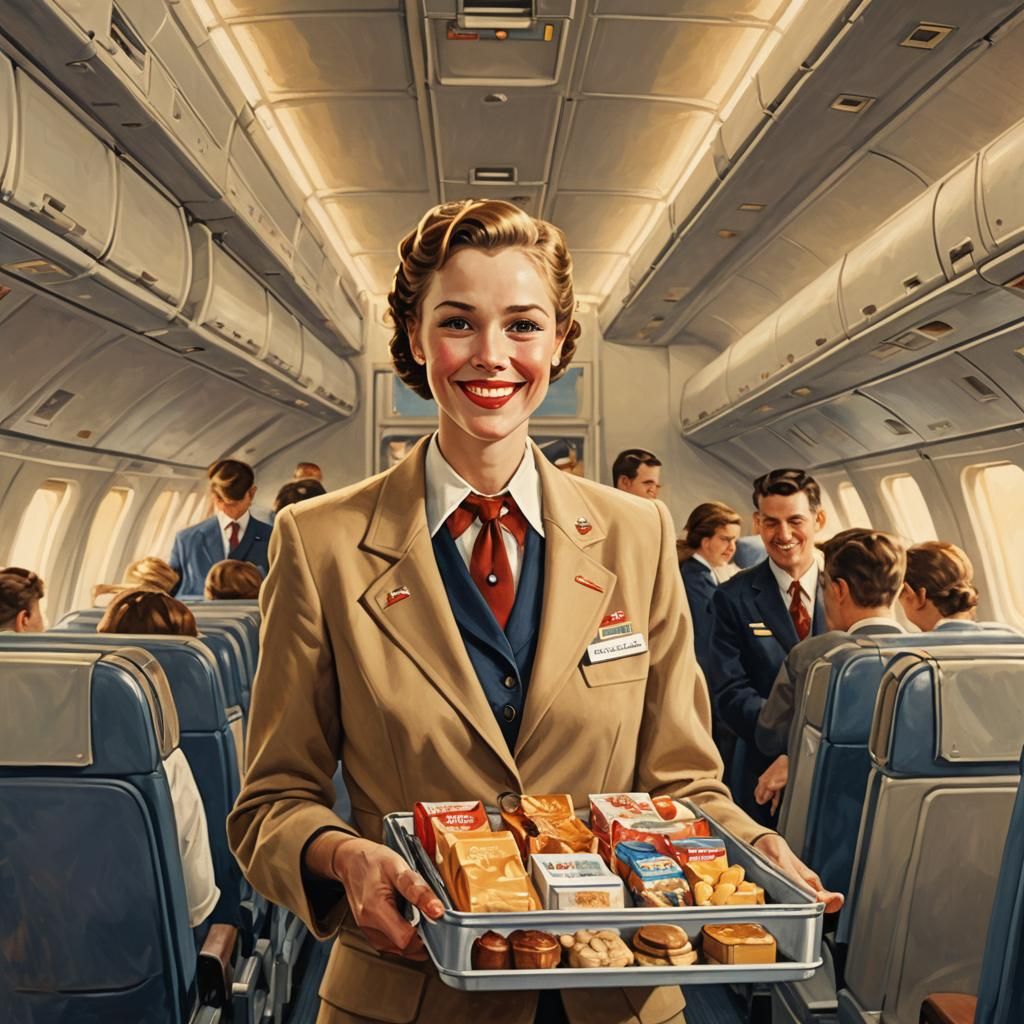 Flight Attendant Serving Snacks in Rockwell Style