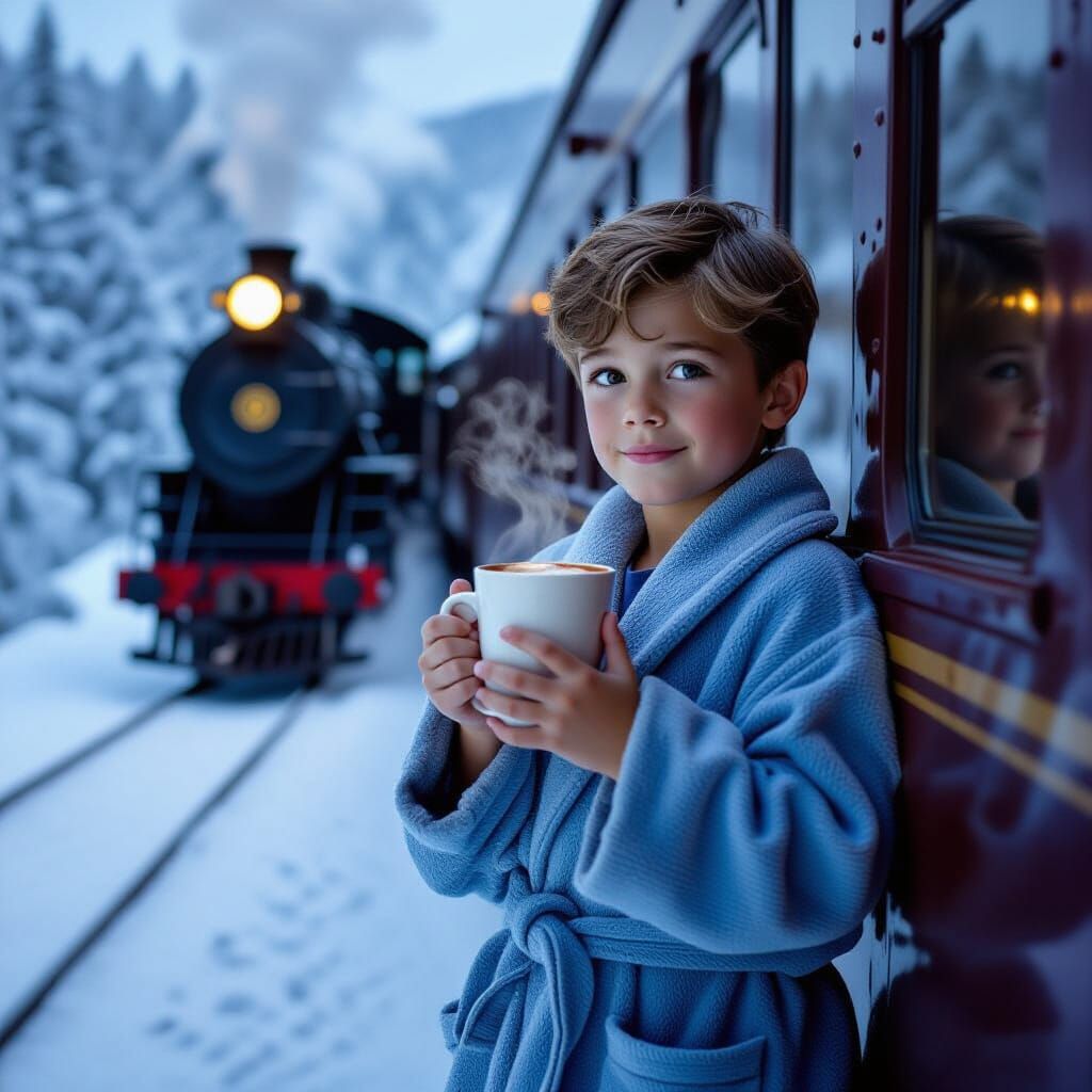 Boy on Polar Express with Hot Chocolate