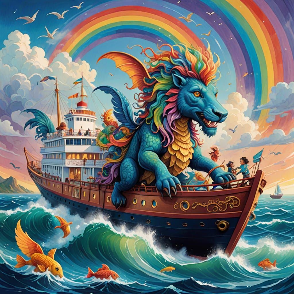 Mythical Creatures Enjoying Ocean Voyage in Gouache Painting