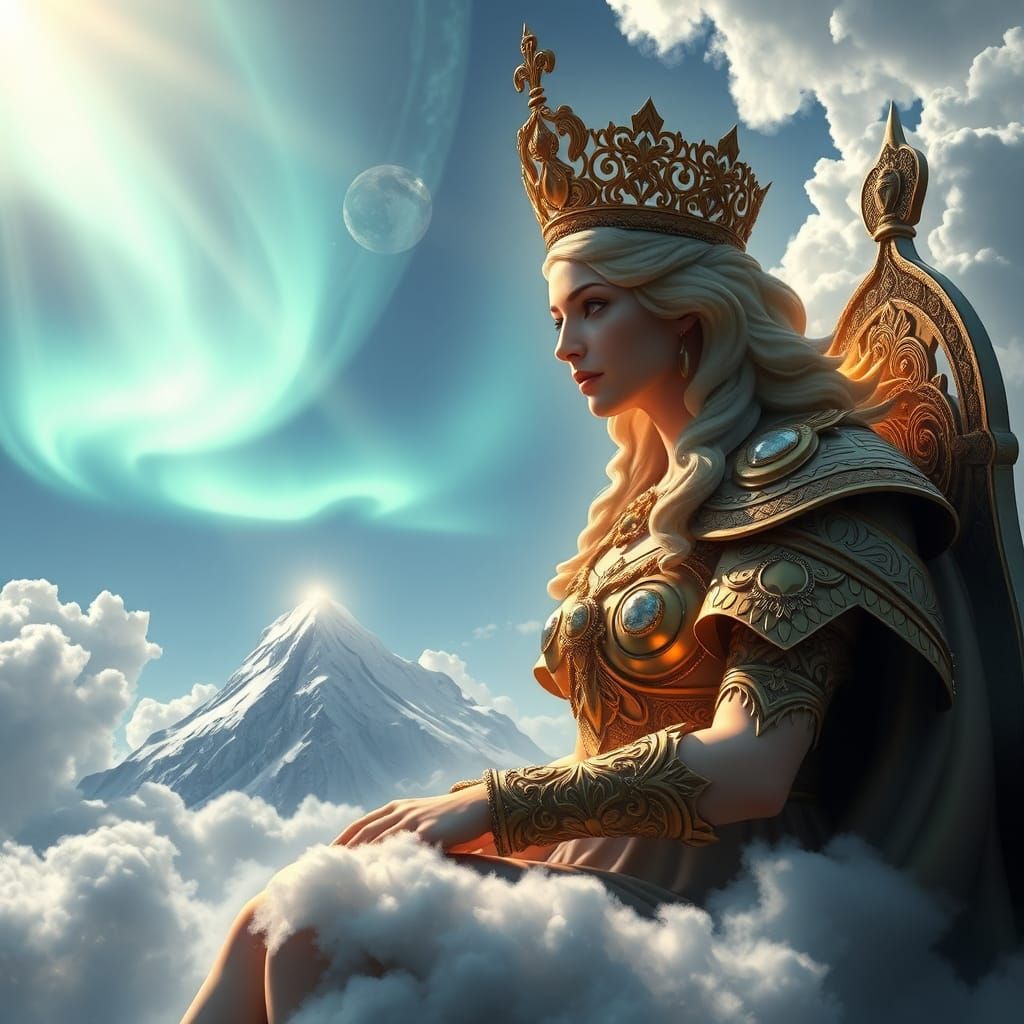 Divine Goddess Radiates Light and Majesty from Mount Olympus