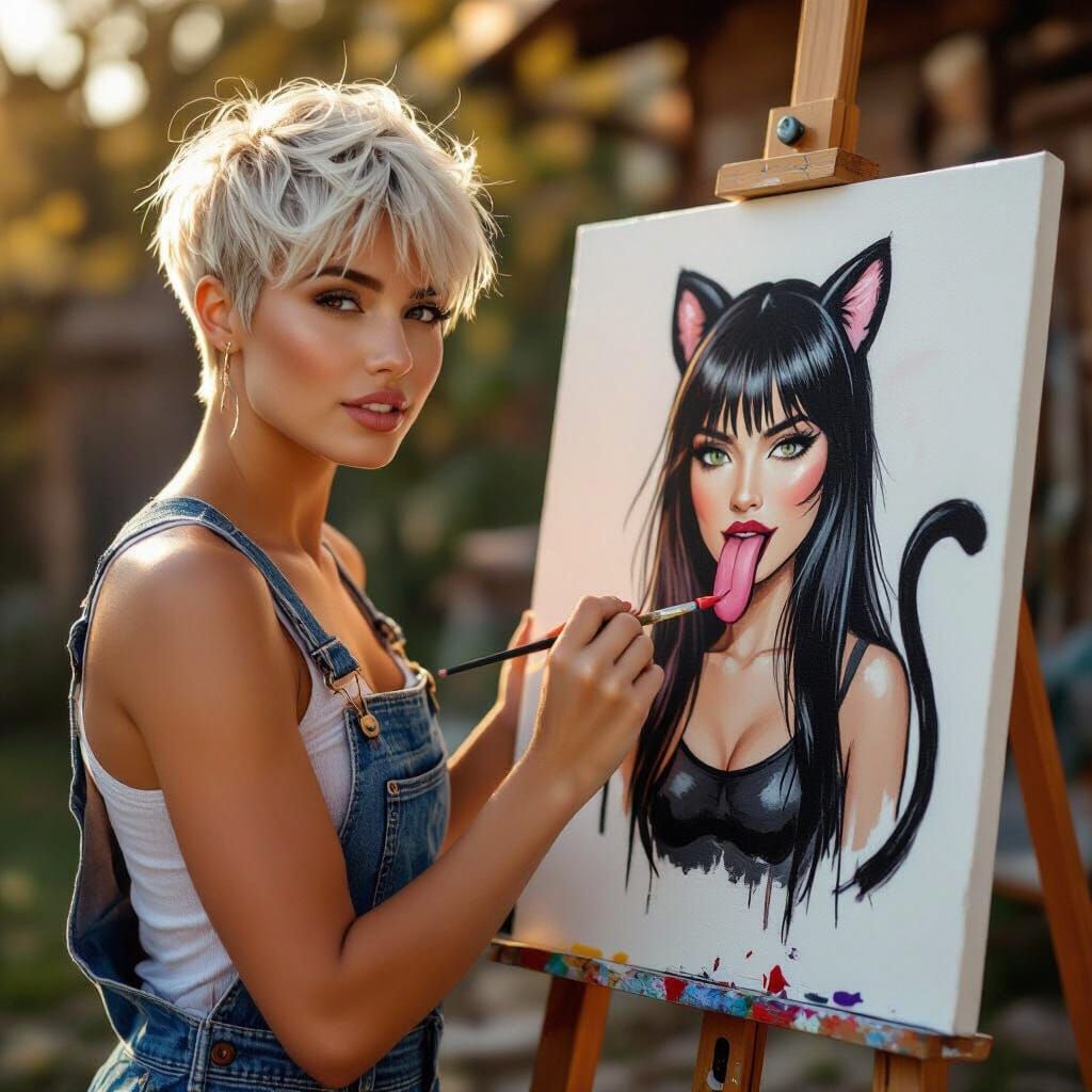 Woman Painting a Panther Creature in Golden Hour Light