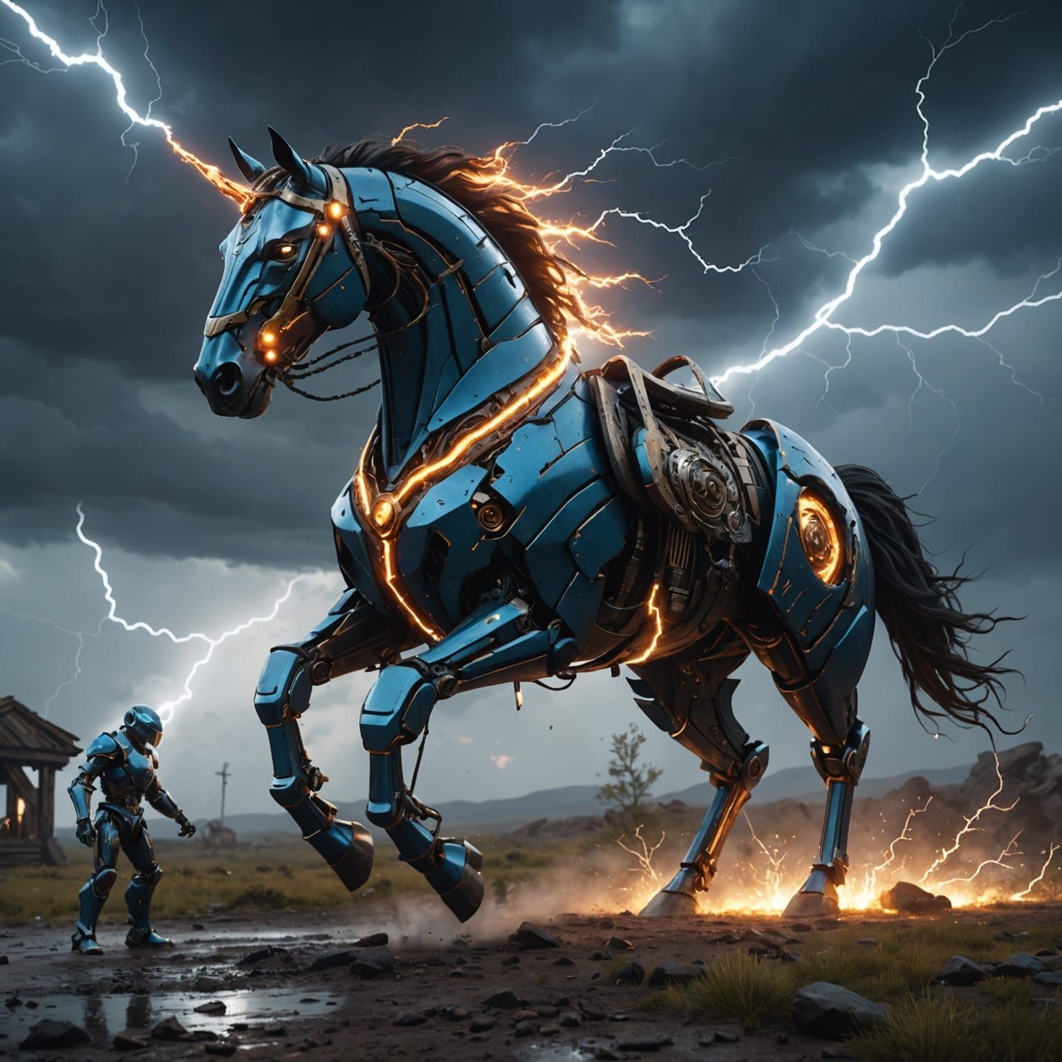 Robot and Horse Struck by Lightning, Digital Art