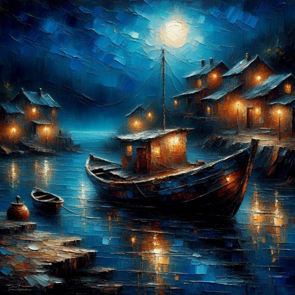 Lantern Lit Fishing Boat in Harbour, Acrylic Painting
