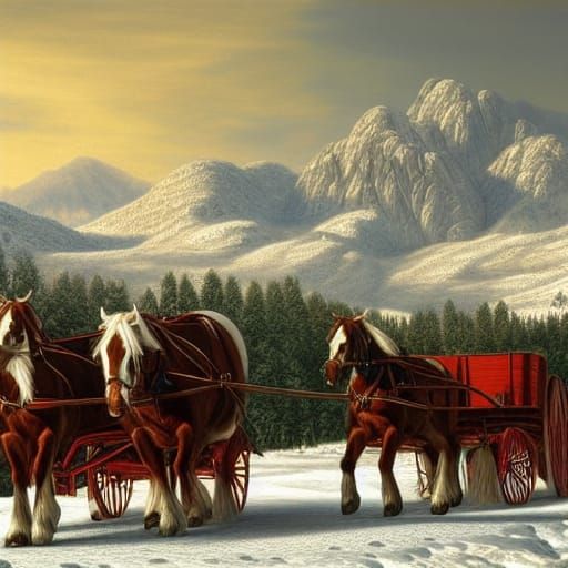 Clydesdales in Snow: Hyperrealistic 3D Wagon Scene