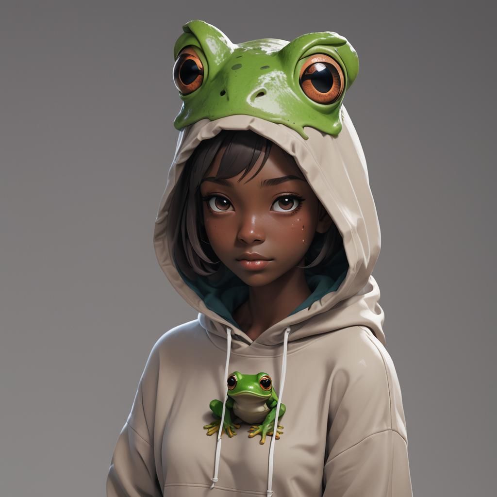 Anime Girl with Frog Hoodie in 3D