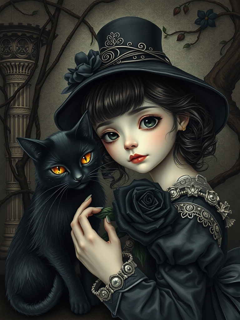 Enchanted Girl with Cat in Fairy Tale Illustration