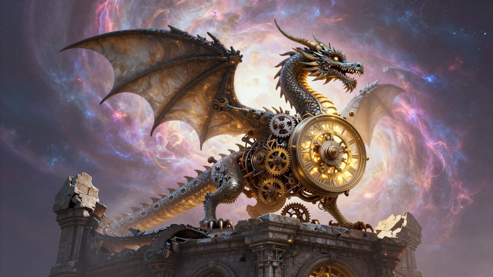 Clockwork Dragon on Ancient Edifice in Nebula Light