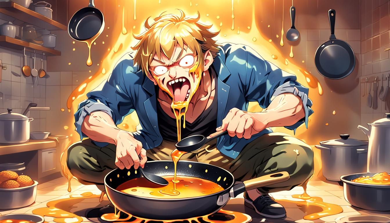 Greedy Man and Frying Pan in Anime Style