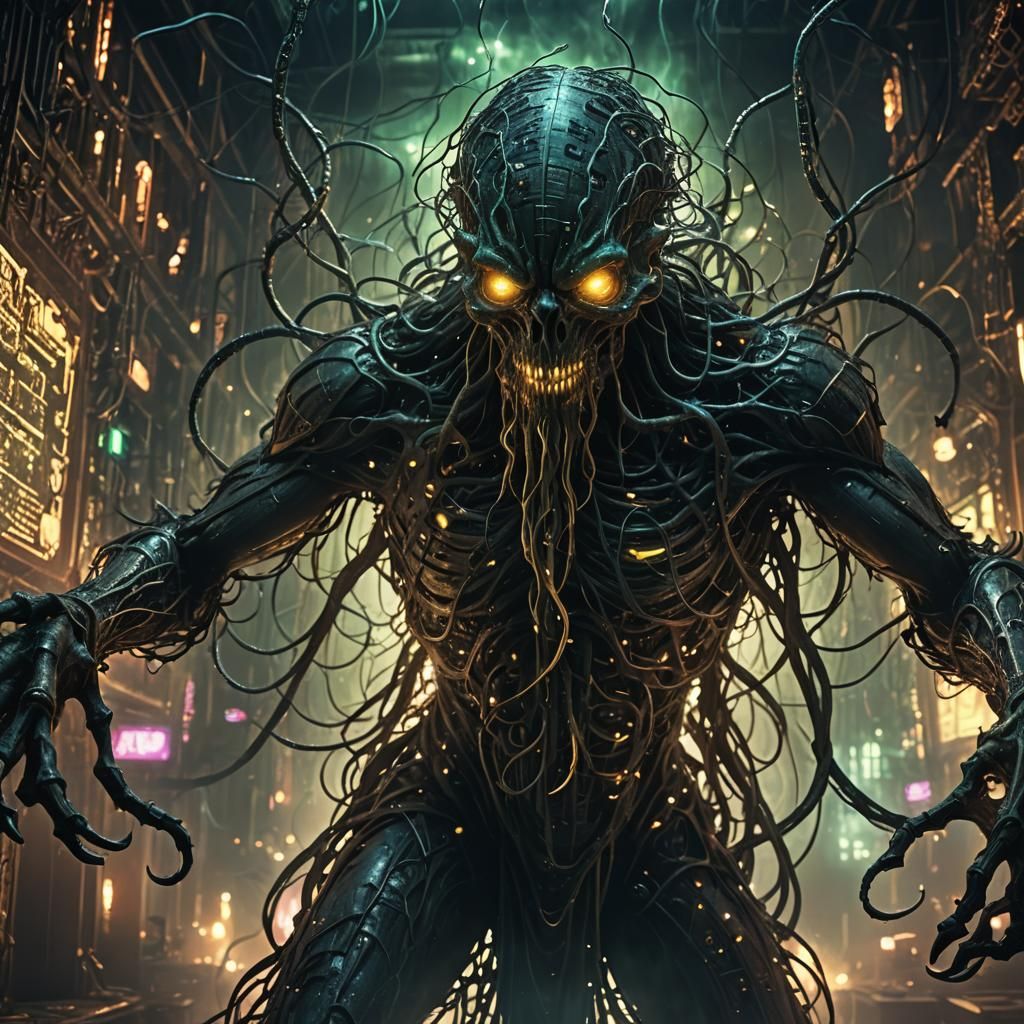 Eldritch Abomination Manifests in Dark Cyberpunk Cyberspace